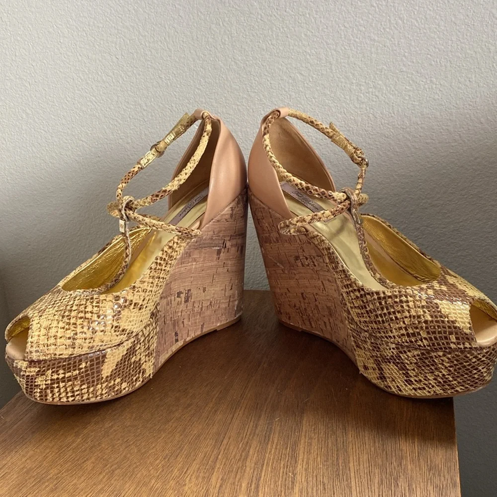 Ted Baker London Leuzea Snakeskin Open Toed Cork Platform Shoes, Women’s 8